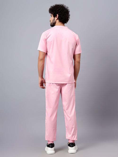 Stretchable (2Way) Male Powder Pink Mandarin Neck With Jogger Scrub Set