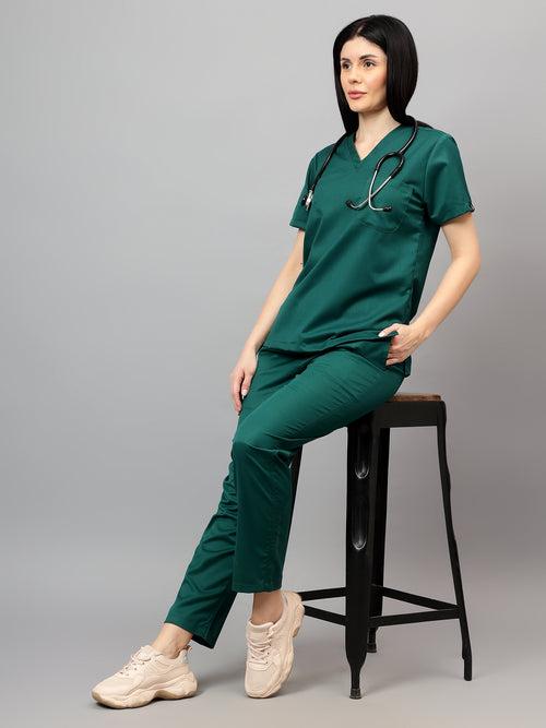 Stretchable (2Way) Female Hunter Green V-Neck With Straight Pant Scrub Set