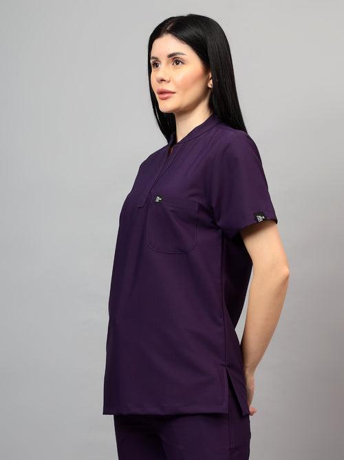 Stretchable (4Way) Female Violet Mandarin Neck With Straight Pant Set