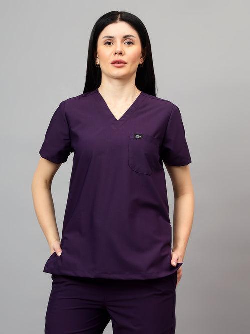 Stretchable (4Way) Female Violet V-Neck With Straight Pant Scrub Set