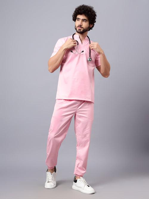 Stretchable (2Way) Male Powder Pink Mandarin Neck With Jogger Scrub Set