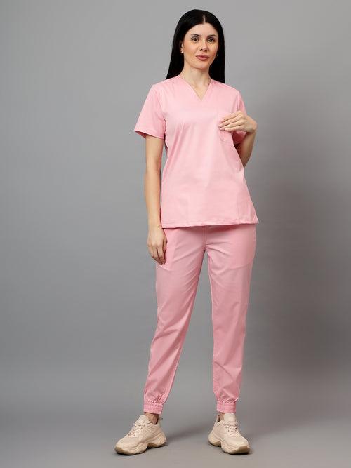 Stretchable (2Way) Female Powder Pink V-Neck With Jogger Scrub Set