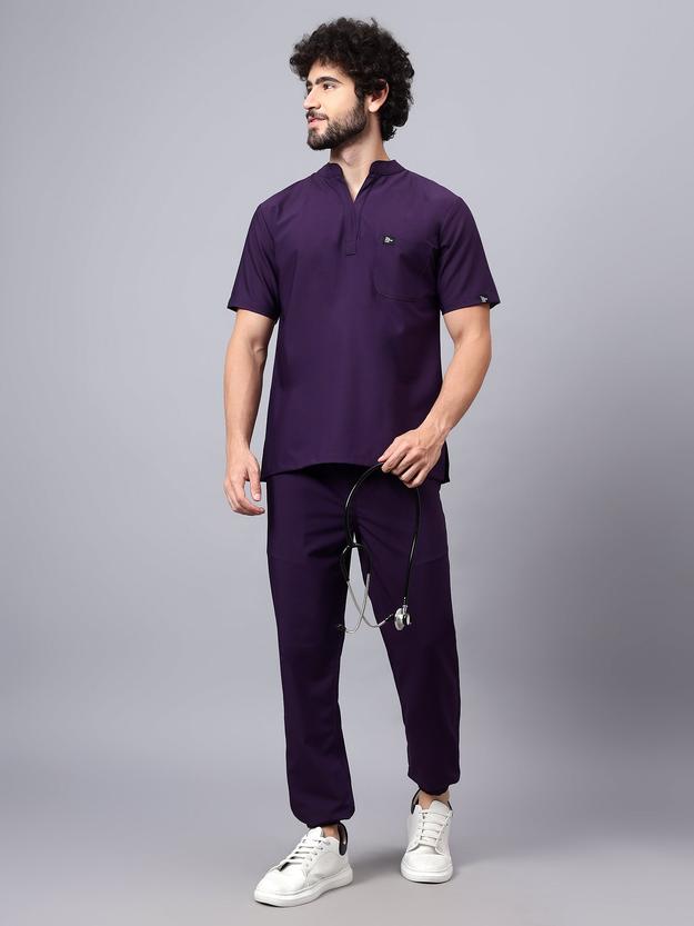 Stretchable (4Way) Male Violet Mandarin Neck with Jogger Scrub Set