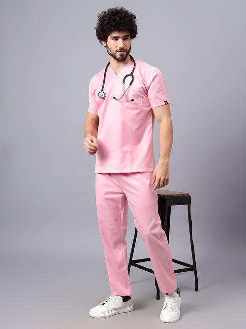 Stretchable (2Way) Male Powder Pink Mandarin Neck With Straight Pant Scrub Set