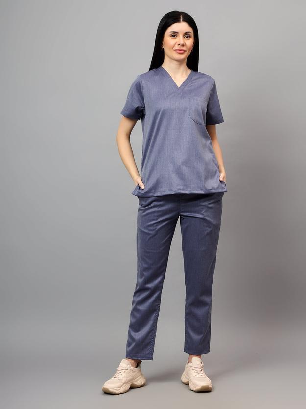 Stretchable (2Way) Female Denim Blue Texture V-Neck With Straight Pant Scrub Set