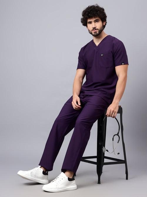 Stretchable (4Way) Male Violet V-Neck With Straight Pant Scrub Set