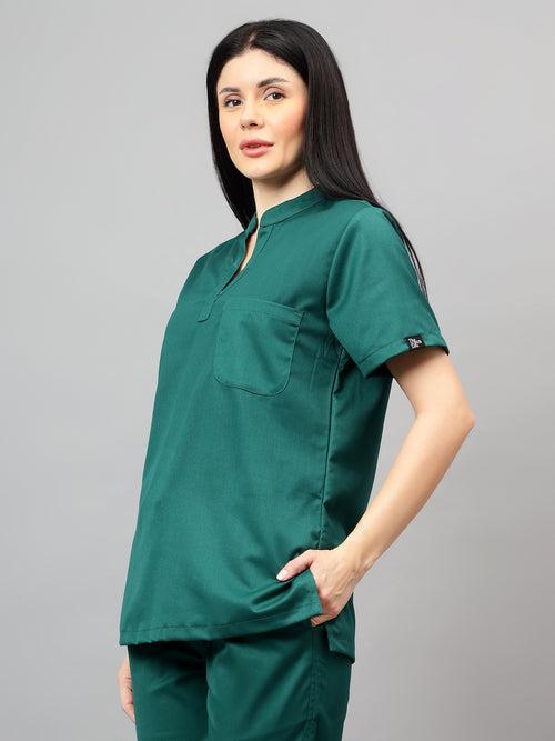 Stretchable (2Way) Female Hunter Green Mandarin Neck With Jogger Scrub Set