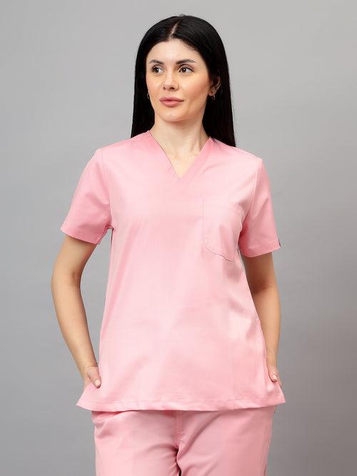 Stretchable (2Way) Female Powder Pink V-Neck With Straight Pant Scrub Set