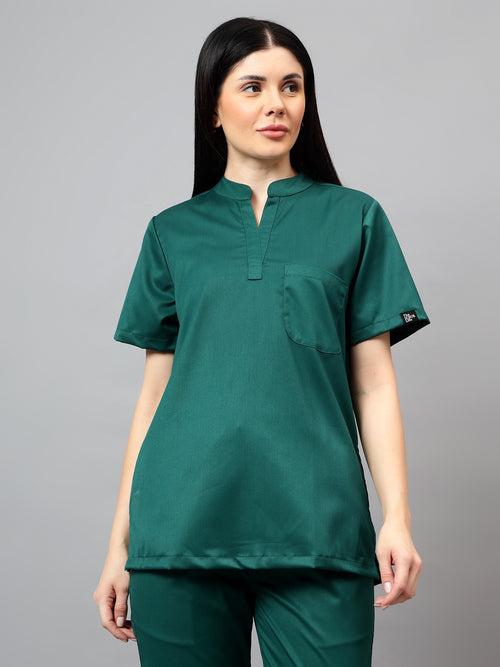 Stretchable (2Way) Female Hunter Green Mandarin Neck Scrub Top