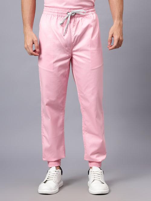 Stretchable (2Way) Male Powder Pink Mandarin Neck With Jogger Scrub Set