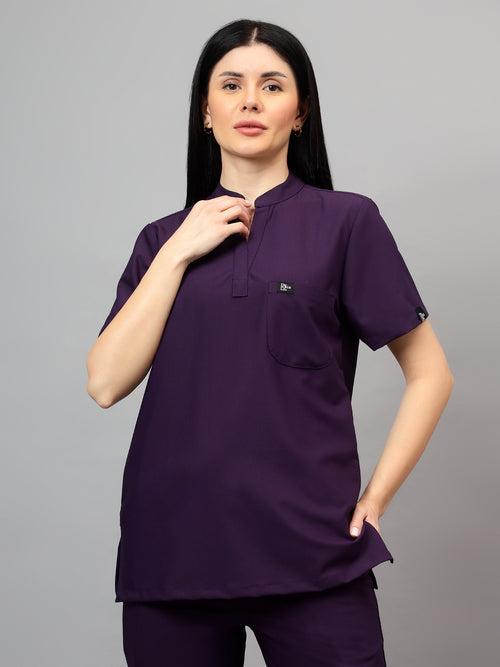 Stretchable (4Way) Female Violet Mandarin Neck With Straight Pant Set