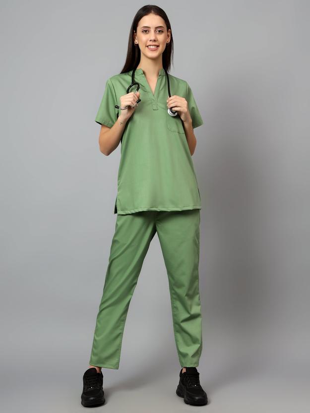 Stretchable (2Way) Female Pista Green Mandarin Neck With Straight Pant Scrub Set