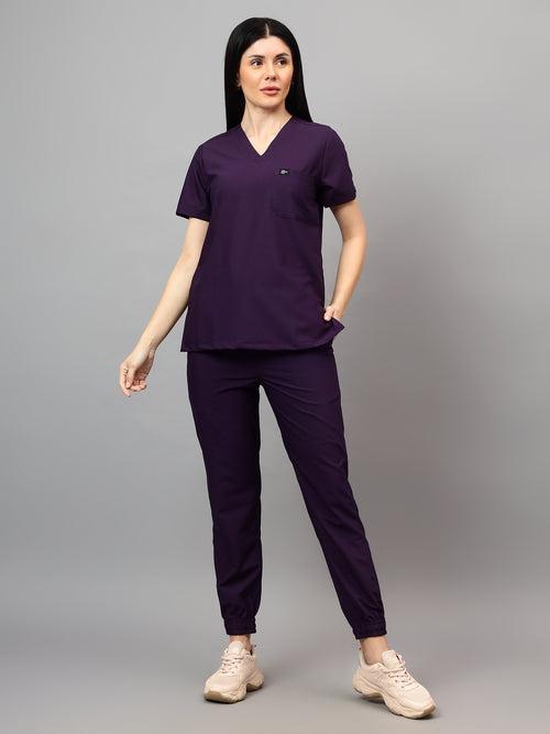 Stretchable (4Way) Female Violet V-Neck With Jogger Scrub Set