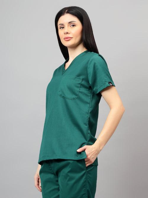 Stretchable (2Way) Female Hunter Green V-Neck Scrub Top