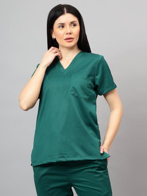 Stretchable (2Way) Female Hunter Green V-Neck With Straight Pant Scrub Set