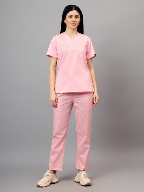 Stretchable (2Way) Female Powder Pink V-Neck With Straight Pant Scrub Set