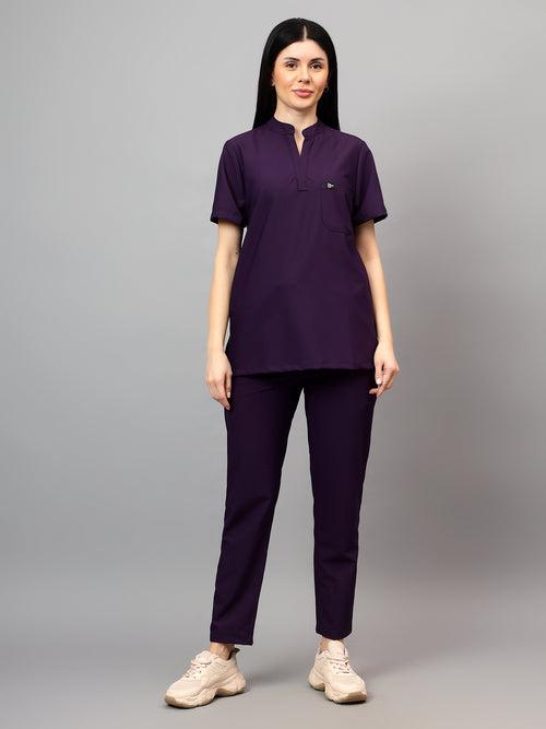 Stretchable (4Way) Female Violet Mandarin Neck With Straight Pant Set