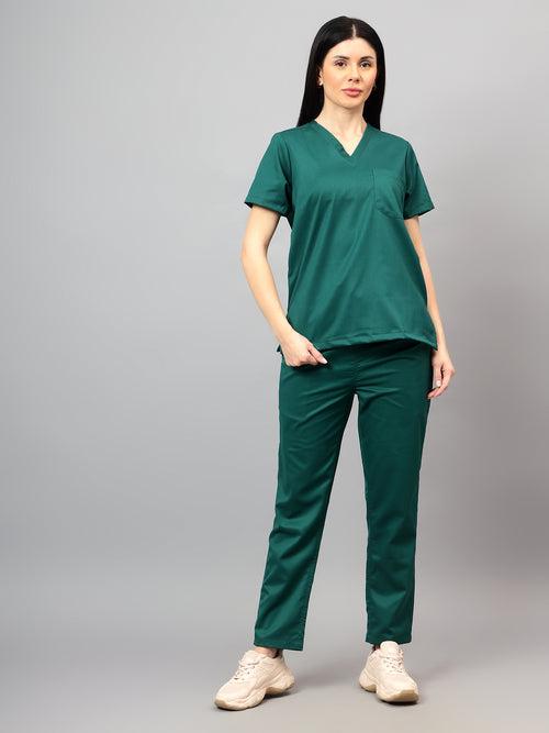 Stretchable (2Way) Female Hunter Green V-Neck With Straight Pant Scrub Set