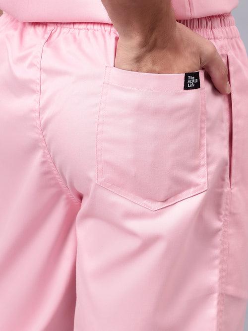 Stretchable (2Way) Male Powder Pink Mandarin Neck With Jogger Scrub Set