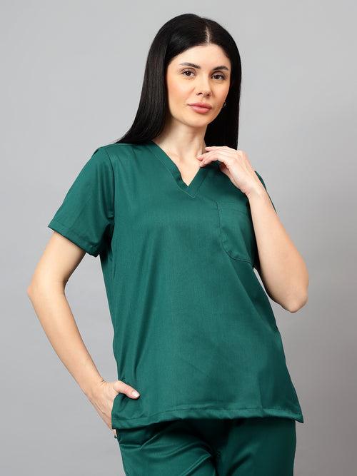 Stretchable (2Way) Female Hunter Green V-Neck With Jogger Scrub Set