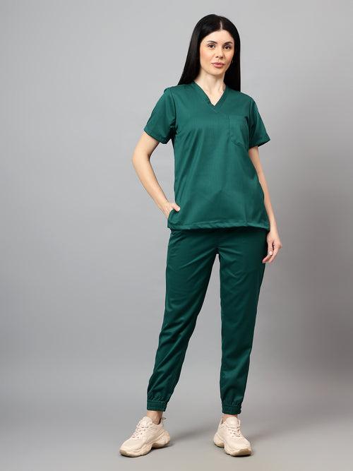 Stretchable (2Way) Female Hunter Green V-Neck With Jogger Scrub Set