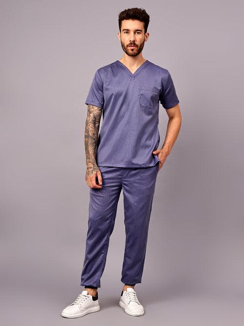 Stretchable (2Way) Male Denim Blue Texture V-Neck With Jogger Scrub Set