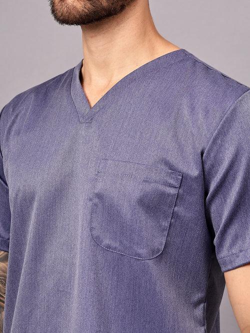 Stretchable (2Way) Male Denim Blue Texture V-Neck With Jogger Scrub Set