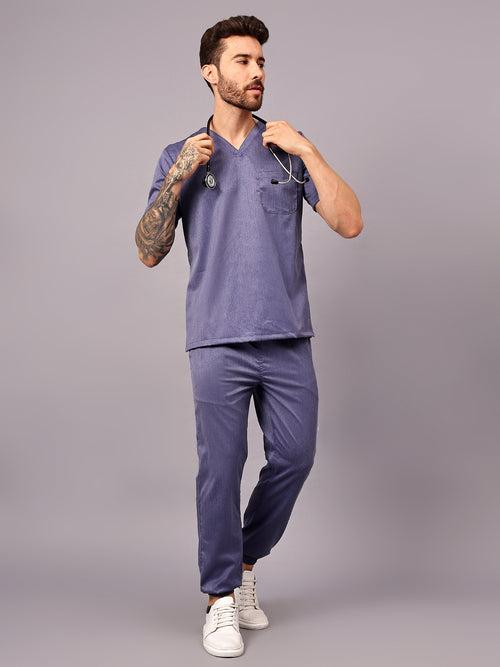 Stretchable (2Way) Male Denim Blue Texture V-Neck With Jogger Scrub Set