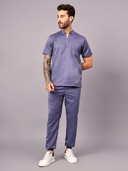 Stretchable (2Way) Male Denim Blue Texture Mandarin Neck With Jogger Scrub Set