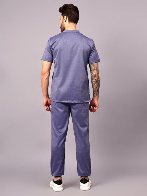 Stretchable (2Way) Male Denim Blue Texture Mandarin Neck With Jogger Scrub Set