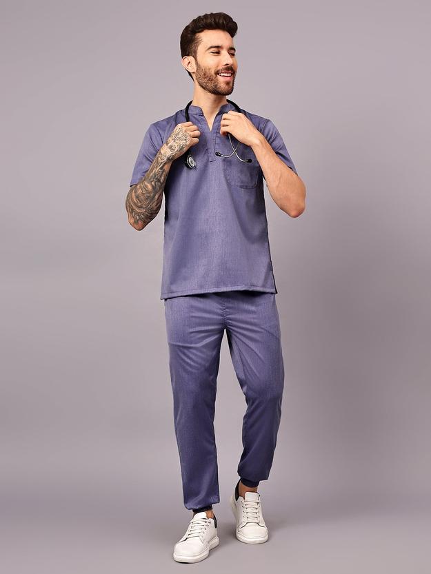 Stretchable (2Way) Male Denim Blue Texture Mandarin Neck With Jogger Scrub Set