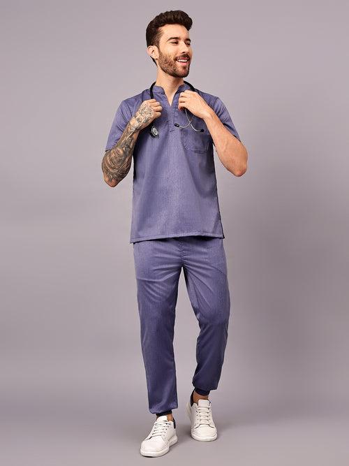 Stretchable (2Way) Male Denim Blue Texture Mandarin Neck With Jogger Scrub Set