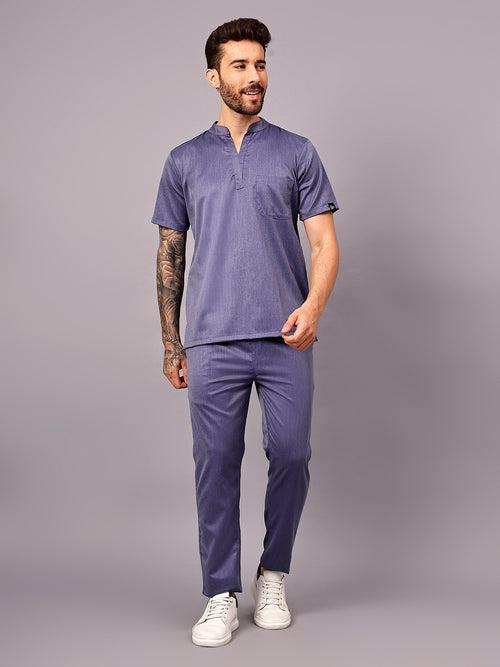 Stretchable (2Way) Male Denim Blue Texture Mandarin Neck With Straight Pant Scrub Set