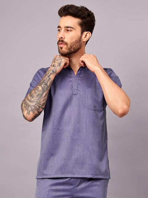 Stretchable (2Way) Male Denim Blue Texture Mandarin Neck Scrub Top