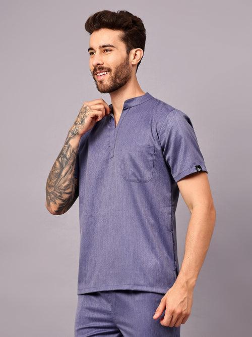 Stretchable (2Way) Male Denim Blue Texture Mandarin Neck Scrub Top