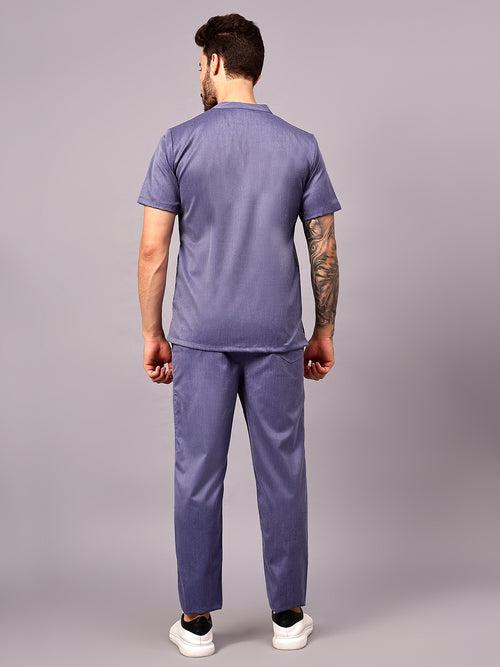 Stretchable (2Way) Male Denim Blue Texture Mandarin Neck With Straight Pant Scrub Set