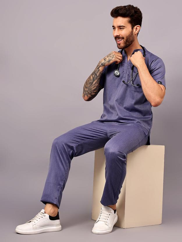 Stretchable (2Way) Male Denim Blue Texture Mandarin Neck With Straight Pant Scrub Set