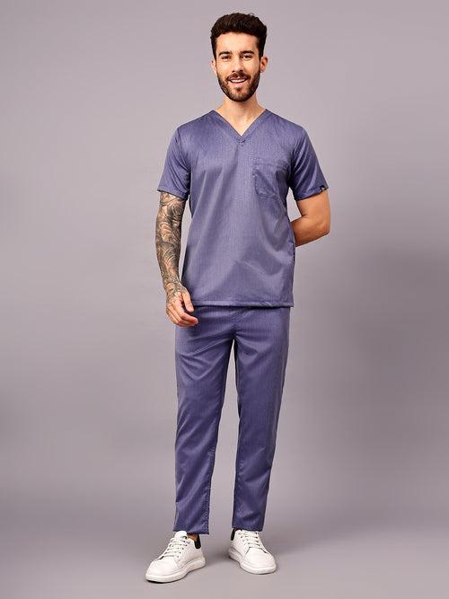 Stretchable (2Way) Male Denim Blue Texture V-Neck With Straight Pant Scrub Set