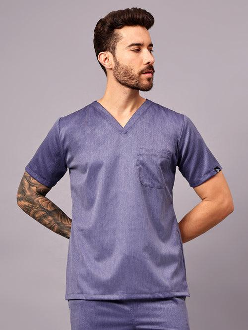 Stretchable (2Way) Male Denim Blue Texture V-Neck Scrub Top