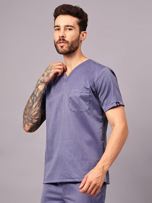 Stretchable (2Way) Male Denim Blue Texture V-Neck Scrub Top