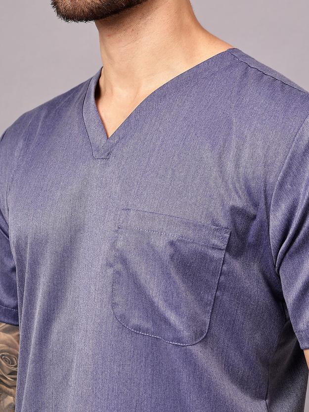 Stretchable (2Way) Male Denim Blue Texture V-Neck Scrub Top