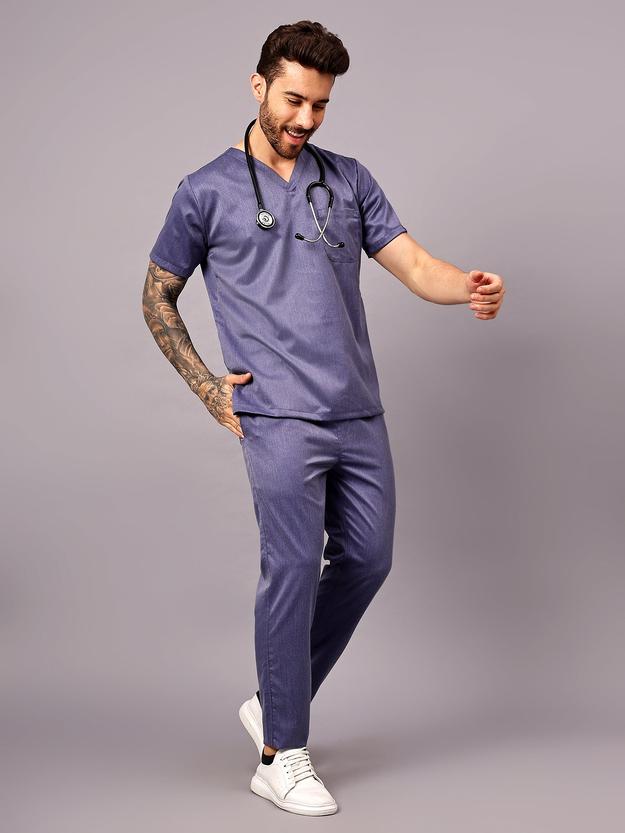 Stretchable (2Way) Male Denim Blue Texture V-Neck With Straight Pant Scrub Set