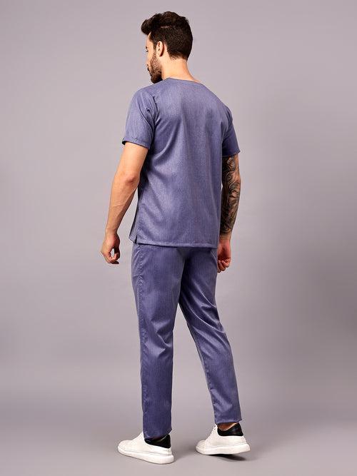 Stretchable (2Way) Male Denim Blue Texture V-Neck With Straight Pant Scrub Set