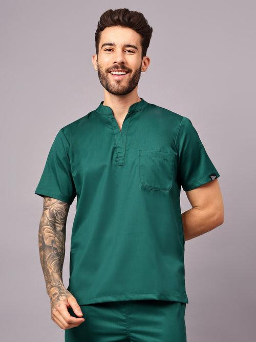 Stretchable (2Way) Male Hunter Green Mandarin Neck With Jogger Scrub Set