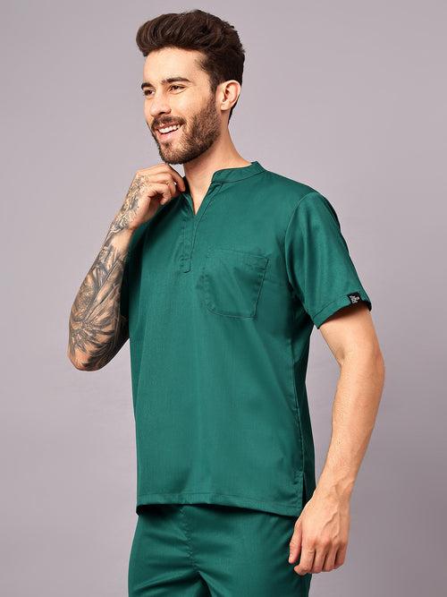 Stretchable (2Way) Male Hunter Green Mandarin Neck With Jogger Scrub Set