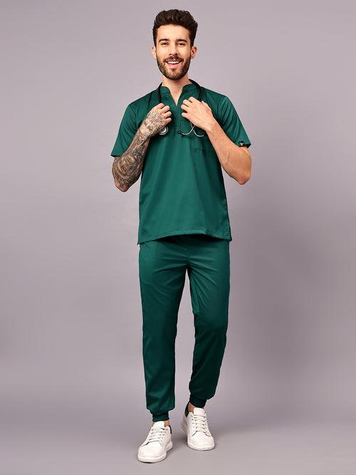 Stretchable (2Way) Male Hunter Green Mandarin Neck With Jogger Scrub Set