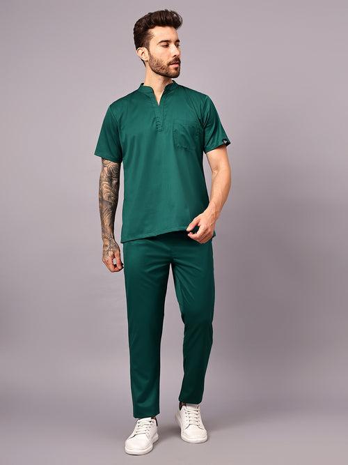 Stretchable (2Way) Male Hunter Green Mandarin Neck With Straight Pant Scrub Set