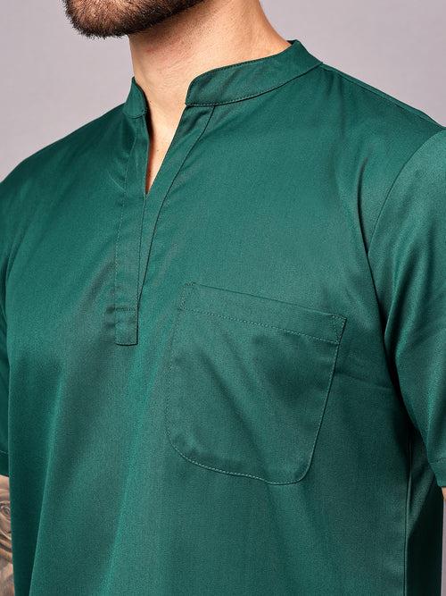 Stretchable (2Way) Male Hunter Green Mandarin Neck With Straight Pant Scrub Set