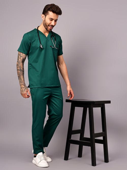 Stretchable (2Way) Male Hunter Green V-Neck With Straight Pant Scrub Set