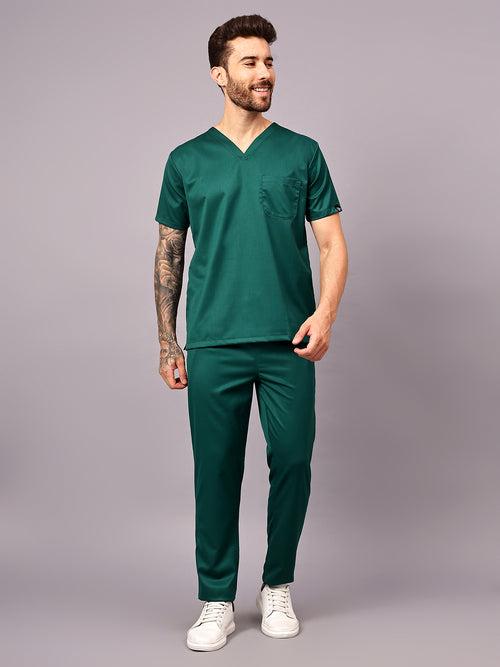 Stretchable (2Way) Male Hunter Green V-Neck With Straight Pant Scrub Set